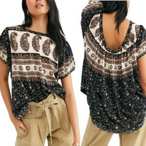 Free People Puff Sleeve Oversized Open Back Black TShirt Top XS Flowy Boho